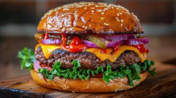 ai gegenereerd heerlijk Hamburger met vlees, kaas, tomaten, uien, en sla foto