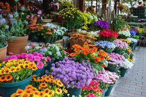 ai gegenereerd een bloem winkel, mooi kleurrijk bloemen buitenshuis. foto