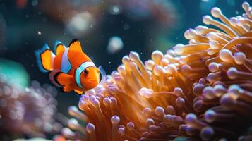 ai gegenereerd amphiprion Ocellaris clown vis en anemoon in zee. foto