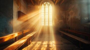 ai gegenereerd licht vallend door een venster in een oud kerk met houten banken. religieus en geestelijk verlichting foto