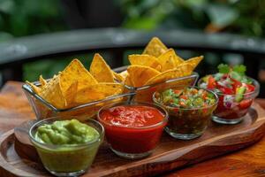 ai gegenereerd driehoekig nacho's maïs chips met divers sauzen in klein glas kommen Aan houten dienblad foto