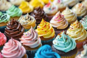 ai gegenereerd veel verschillend gekleurde heerlijk cupcakes foto