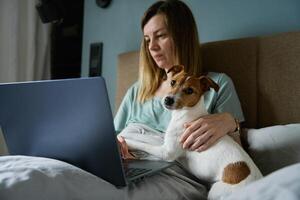 vrouw met schattig hond aan het liegen in bed en gebruik makend van laptop Bij ochtend- foto