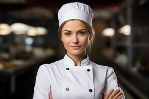 ai gegenereerd vrouw chef in de restaurant foto