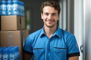 ai gegenereerd betrouwbaar water levering. gelukkig water levering Mens Bij de deur foto