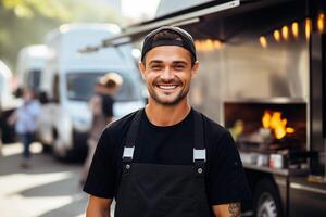 ai gegenereerd mannetje chef in een voedsel vrachtauto in de straat voedsel tafereel foto