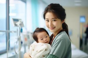 ai gegenereerd gelukkig Japans vrouw met pasgeboren foto