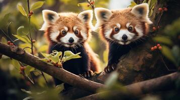 ai gegenereerd boeiend paar- van rood panda's stoeien foto