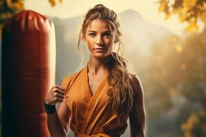 ai gegenereerd karate vrouw met een ponsen tas. motiverende poster foto