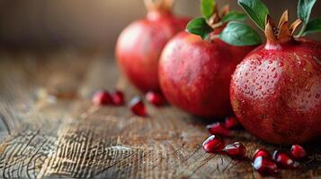 ai gegenereerd groep van granaatappels Aan houten tafel foto