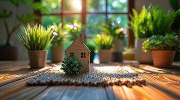 ai gegenereerd speelgoed- huis Aan houten tafel foto