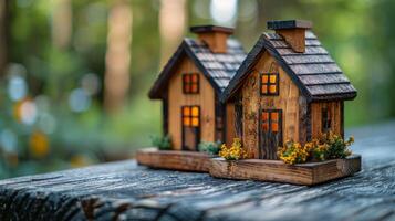 ai gegenereerd klein houten huizen Aan tafel foto