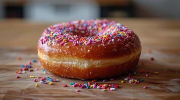 ai gegenereerd geglazuurd donut met hagelslag Aan houten oppervlakte foto