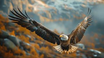 ai gegenereerd groot vogel vliegend over- weelderig groen Woud foto