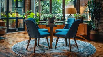 ai gegenereerd ronde glas dining kamer tafel met beige stoelen foto