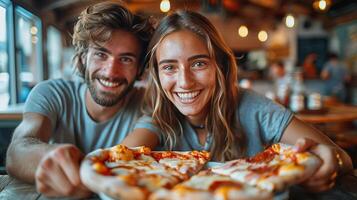 ai gegenereerd een Mens en een vrouw zittend in voorkant van een pizza foto