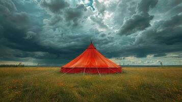 ai gegenereerd rood tent Aan droog gras veld- foto