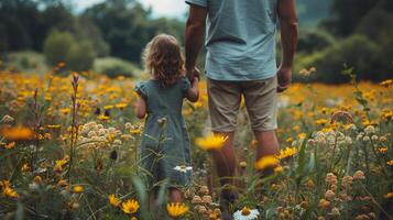 ai gegenereerd Mens en weinig meisje wandelen door veld- van bloemen foto