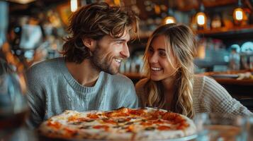 ai gegenereerd Mens en vrouw hebben pizza Bij tafel foto