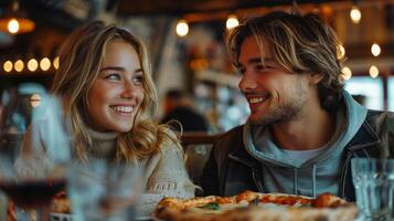 ai gegenereerd Mens en vrouw hebben pizza Bij tafel foto