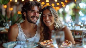 ai gegenereerd Mens en vrouw hebben pizza Bij tafel foto