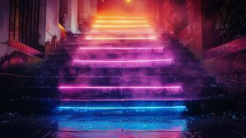 ai gegenereerd verlichte trap met neon lichten foto