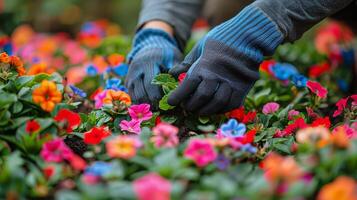 ai gegenereerd persoon vervelend handschoenen en tuinieren handschoenen plukken bloemen foto