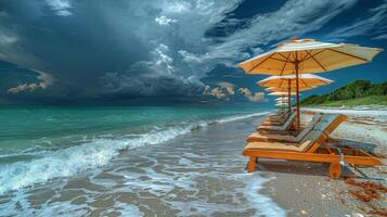 ai gegenereerd zanderig strand met lounge stoelen en paraplu's foto