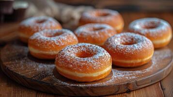 ai gegenereerd houten dienblad met gepoederd suiker donuts foto