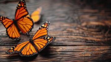 ai gegenereerd drie oranje vlinders Aan houten tafel foto