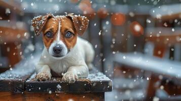 ai gegenereerd bruin en wit hond zittend Aan houten tafel foto