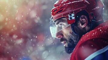 ai gegenereerd dichtbij omhoog van hockey speler in rood helm foto