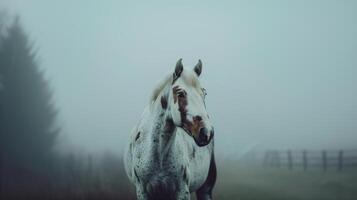 ai gegenereerd een portret van een Arabisch paard met een wit jas en bruin vlekken, op zoek Bij de camera in een hoofdschot tegen een nevelig grijs achtergrond. gegenereerd door kunstmatig intelligentie. foto