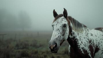 ai gegenereerd een portret van een Arabisch paard met een wit jas en bruin vlekken, op zoek Bij de camera in een hoofdschot tegen een nevelig grijs achtergrond. gegenereerd door kunstmatig intelligentie. foto