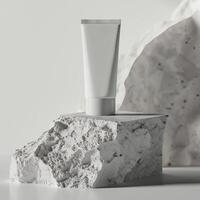 ai gegenereerd e-commerce, wit hand- room verpakking doos mockup Product Aan steen doos, zacht verlichting minimalistisch, hoge kwaliteit details, 3d model. gegenereerd door kunstmatig intelligentie. foto