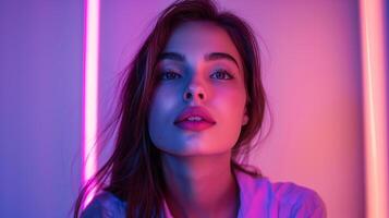 ai gegenereerd een vrouw met neon lichten in voorkant van haar foto