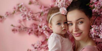 ai gegenereerd vrouw Holding klein kind in veld- van bloemen foto