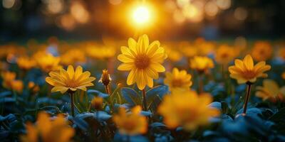 ai gegenereerd veld- van geel bloemen met zon achtergrond foto