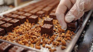 ai gegenereerd persoon in wit handschoenen plukken chocolaatjes van transportband riem foto