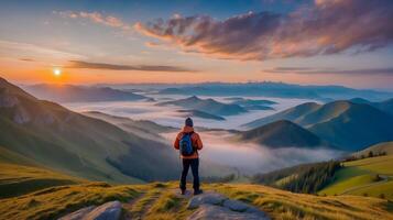 ai gegenereerd zonsondergang en bergen mooi panoramisch natuurlijk landschap foto