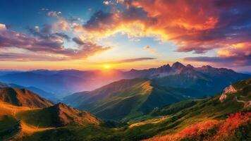 ai gegenereerd zonsondergang en bergen mooi panoramisch natuurlijk landschap foto
