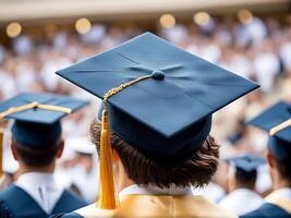 ai gegenereerd terug visie van afstuderen in pet en japon Aan diploma uitreiking ceremonie in Universiteit foto