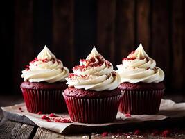 ai gegenereerd drie rood fluweel cupcakes met wit glimmertjes Aan een houten tafel foto