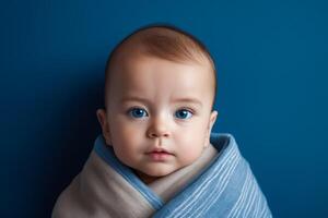 ai gegenereerd een baby is verpakt in een blauw en wit deken foto