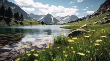 ai gegenereerd alpine meer in de wild met bloemen en lucht foto