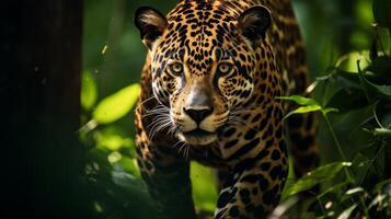ai gegenereerd opvallend jaguar in de dicht regenwoud in natuur achtergrond foto