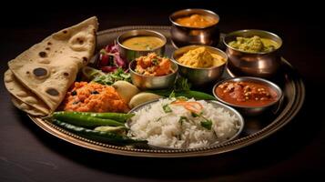 ai gegenereerd een straat voedsel kar met divers Indisch snacks en een kleurrijk backdrop in een nog steeds leven foto