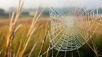 ai gegenereerd dauw gedekt spinnenweb in een natuurlijk veld- instelling foto