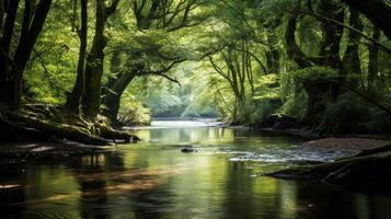 ai gegenereerd vredig rivier- en bomen in groen milieu foto