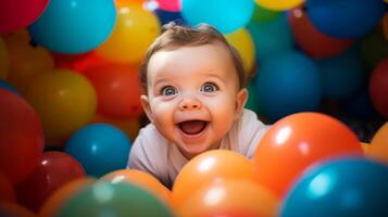 ai gegenereerd een vrolijk tafereel van een baby glimlachen tussen kleurrijk ballonnen foto